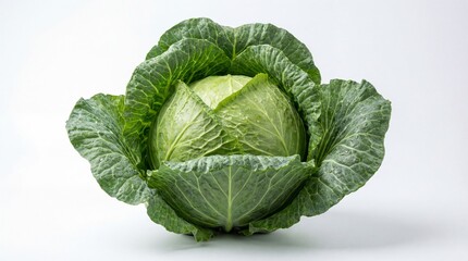 Obraz premium Green cabbage with fresh leaves in bright studio lighting on a plain white background for healthy eating.
