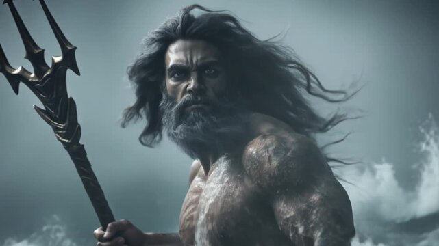 Poseidon stands strong with his trident by the ocean waves as water crashes around him and the wind blows his hair