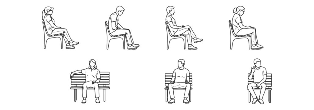 People Sitting On Bench Public Space Seating Side And Front View Illustration
