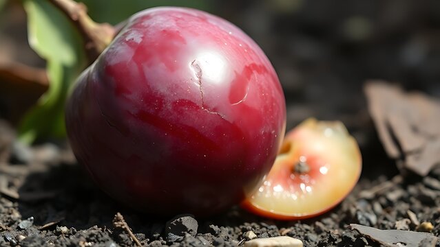 villainy. A ripe plum fallen on the ground with purple-red bruise marks, natural lighting, shallow depth of field. gardening catalogs.