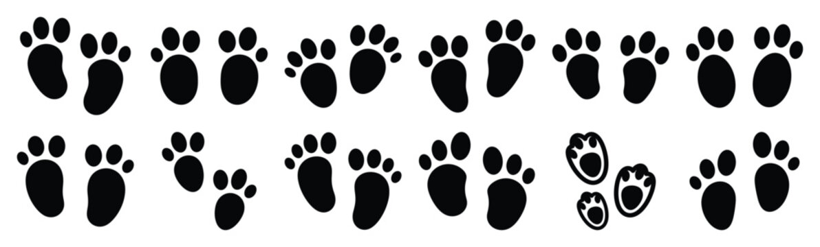 Easter bunny footprints Silhouette vector icon set. Easter vector icons on white background and Vector illustration.