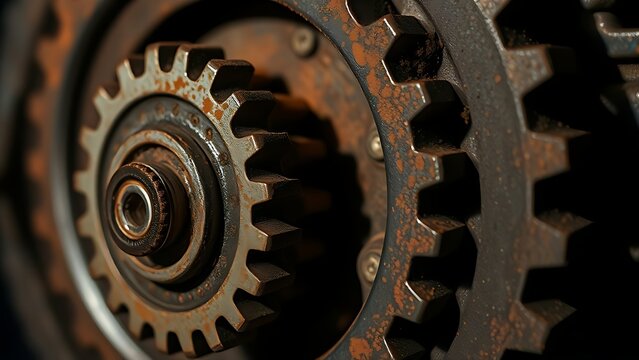 susceptibility. A rusted mechanical gear assembly with one jammed gear, metallic textures, industrial aesthetic. safety posters.
