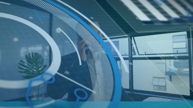 Animation of network of connections and icons over vr headsets
