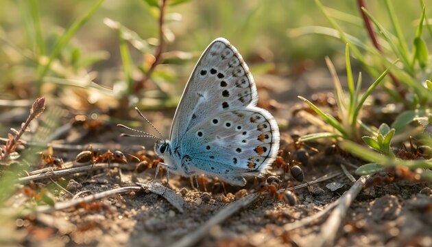 The Alcon blue pupate crawls out from ant's nest become an Alcon blue butterfly.
