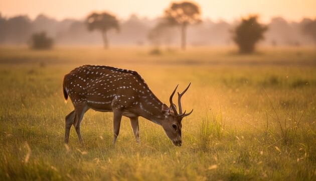 Close up of the spotted deer (Axis axis) grazing among long grasses with sunset, Kaziranga National Park, India.

