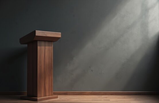 Minimalist wooden pulpit stands empty against dark textured wall. Natural light streams from right casting shadows. Modern design for speaking presentation event or sermon.