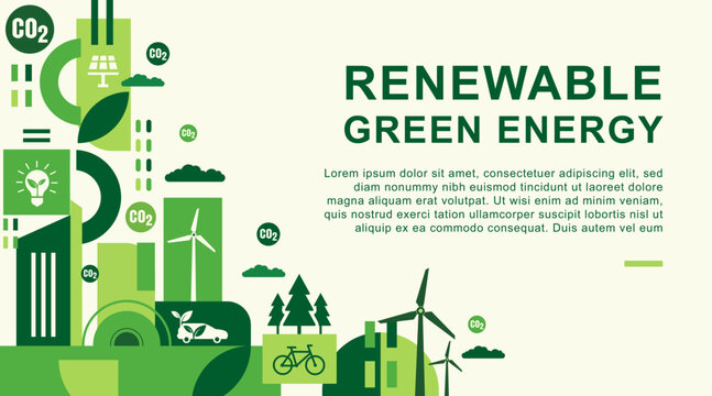 Renewable Green Energy Web Banner Illustration with Sustainable Clean Industry and Ecology Concept