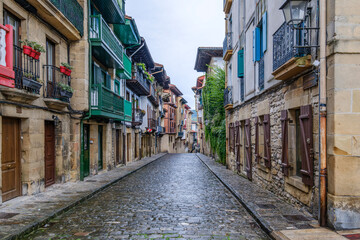 Hondarribia Old Town Street With Traditional Basque Balconies, Spain