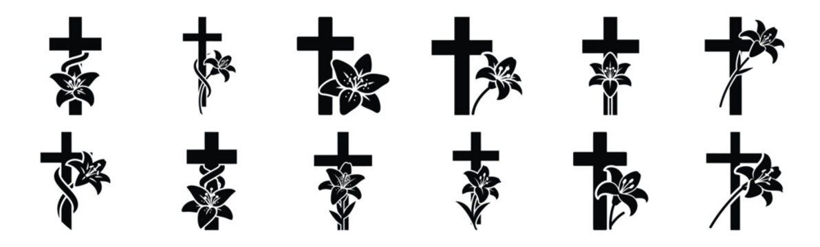 Easter cross and lily Silhouette vector icon set. Easter vector icons on white background and Vector illustration.