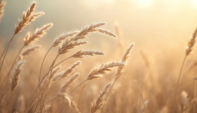 Dry grass stalks sway gently in warm sunlight. The golden field evokes feelings of peace and natural beauty. This soft focus scene highlights cereal grains against a bright sky.