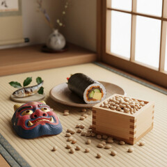 Setsubun Festival Traditions, Red Oni Demon Mask, Roasted Soybeans In Masu Box, Ehomaki Sushi Roll And Roasted Sardine, Japanese Culture