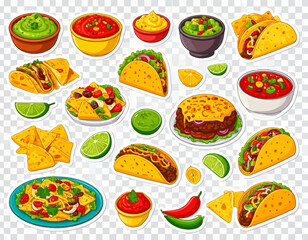 Assorted Mexican dishes including tacos, nachos, and salsa, displayed on a variety of plates and bowls, from a top-down view.