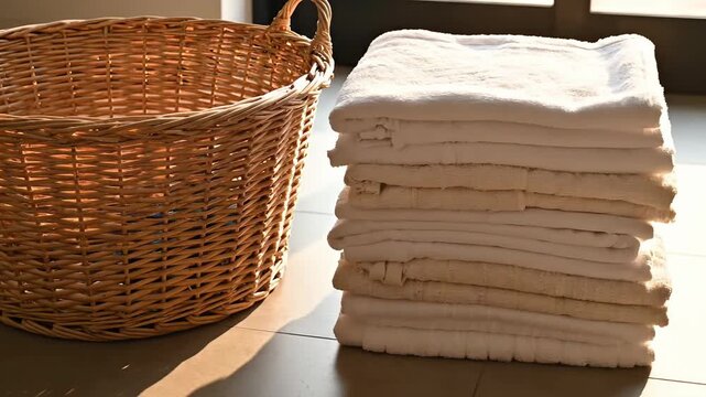 Laundry basket overflowing with clothes next to neatly stacked towels with sunlight casting shadows