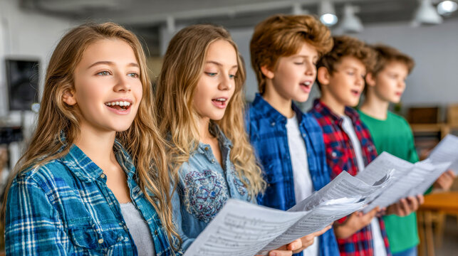 Joyful voices unite in harmony during a vibrant choir practice in a bright, spacious room filled with enthusiasm and creativity among young singers