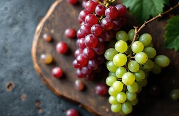 Obraz premium Red and green grapes rest on a rustic wooden board ready for eating or wine making. These juicy fruits offer a healthy snack option for any time of day.