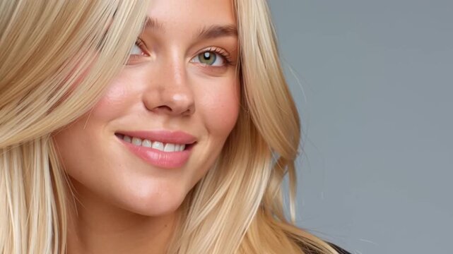 Blonde woman with long hair smiles and poses, showcasing different angles and expressions against a neutral gray background