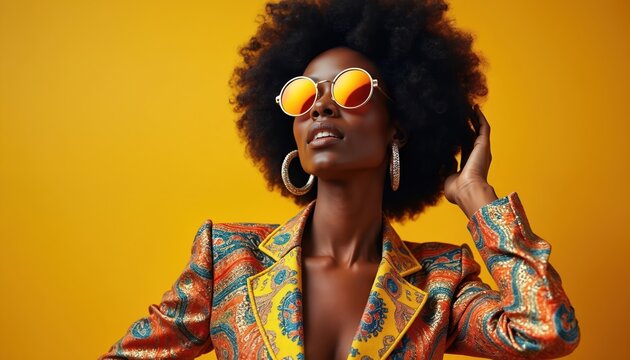 Black woman in retro paisley blazer poses with large hoop earrings, orange tinted sunglasses. Her afro hairstyle, bold outfit evoke 70s disco vibe. She touches her hair, exuding confidence, style.