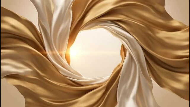 Captivating swirl of golden and cream silken fabrics creating a radiant vortex, symbolizing elegance, luxury, and dynamic flow in a luminous display