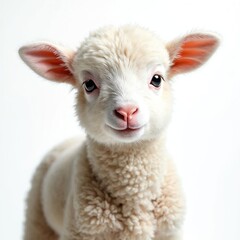 Fototapeta premium Small white lamb looks directly forward with soft wool and pink nose. Cute farm animal sits on white background, innocent gaze, gentle eyes, fluffy fleece texture.