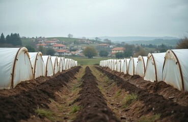 Fototapeta premium Rows of white hoop houses in field. Cultivation tunnels protect crops from weather. Farmland with small village in background. Agriculture season setup.