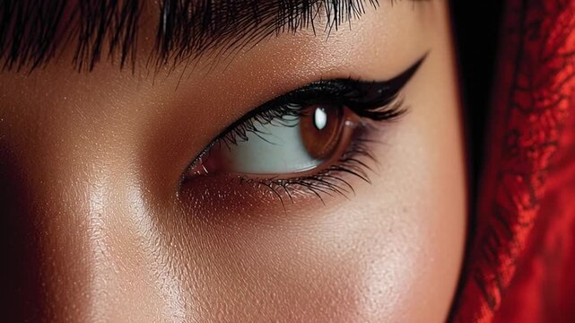 Asian woman with striking eyeliner gazes intensely, showcasing intricate details of her eye and vibrant red fabric in a close-up shot