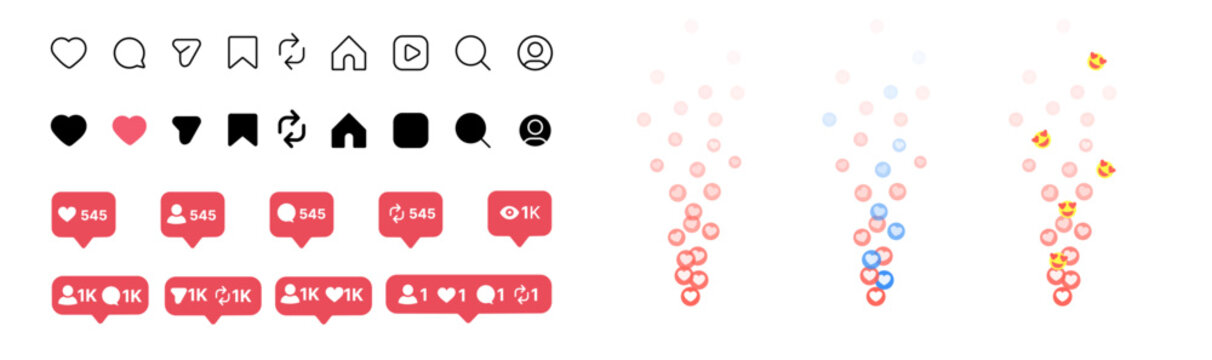Instagram icons set. repost, like, comment, share, save and Full collection of Instagram social media icons. Outline set of Instagram in-app icons. Like icons flying up for live streams.