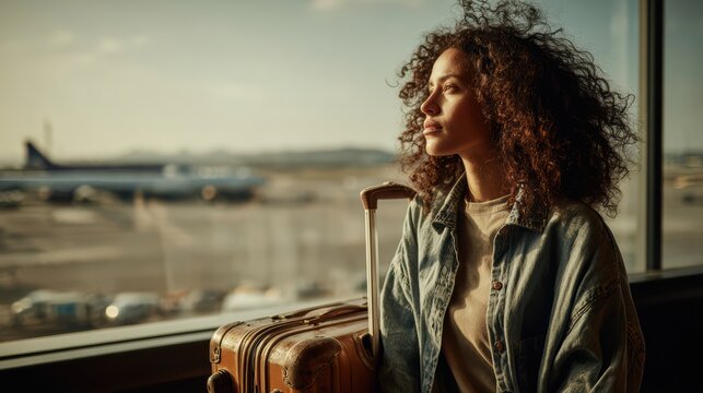 Young mixed-race woman traveler looking out airport window while holding suitcase, quiet pre-flight moment
