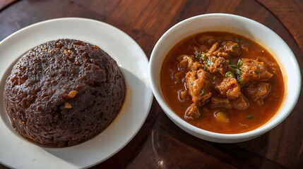 Traditional African Stew and Starchy Side Dish Served on Wood