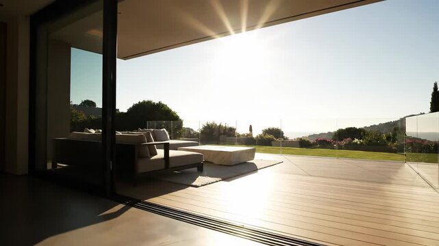 Luxury home interior blends seamlessly with sunlit coastal outdoor living space