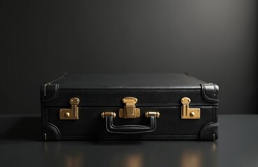 Classic black leather briefcase with gold hardware rests on dark surface. Minimalist design suggests professional travel executive business needs. Suitable for corporate settings, law finance work.