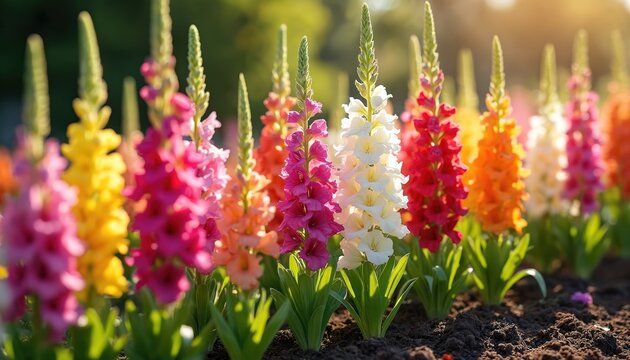 Colorful gladiolus flowers grow in a row on a sunny day. Tall flower spikes in shades of pink, yellow, red, and white create a vibrant garden display. Green foliage surrounds the blooms.