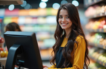Young woman works as cashier in supermarket, smiles at customer. Friendly employee handles checkout terminal, completes purchase transaction. Retail worker processes payment at counter, helps shopper.