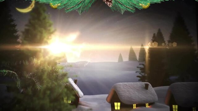 Animating Christmas decorations with pine branches and ornaments over snowy village scene