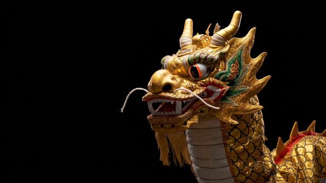 Golden Dragon Head Close Up With Black Background.