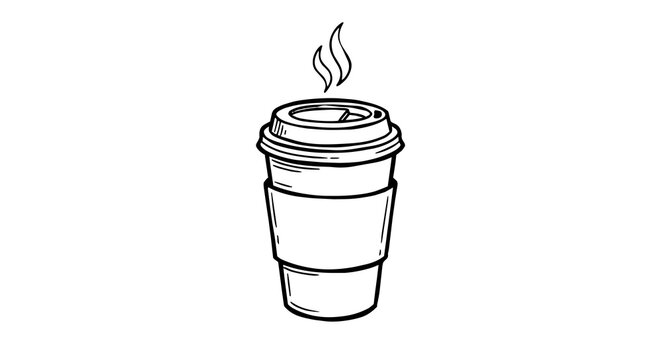 Hand drawn coffee to go cup illustration. Black and white line art sketch of a paper cup with sleeve and steam isolated on white background