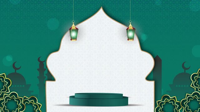 4K Ramadan Kareem Animation Green color and gold lines. Elegant mosque dome with Podium display for Ramadan, Eid al-Fitr and Eid al-Adha celebrations.