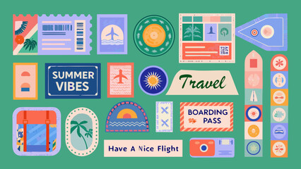 Colorful travel stickers and badges arranged on a vibrant green background © Raju