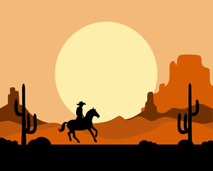 Naklejka premium Silhouette of a cowboy riding a horse against a desert sunset backdrop
