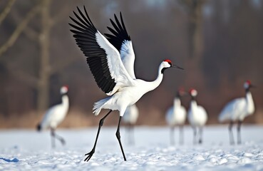 Fototapeta premium Red crowned cranes in Japanese winter landscape. Elegant birds with white plumage black wings move across snowy ground. Group gathers on frozen plain with bare trees distant.