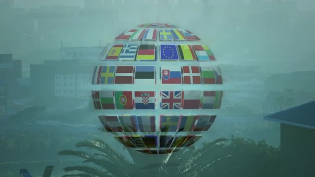 Hovering international flags sphere over tropical landscape in animation style