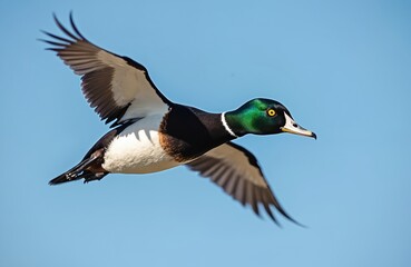 Obraz premium Male common goldeneye duck in flight against clear blue sky. This bird species is known for its distinctive green iridescent head and yellow eye, captured mid-flight.