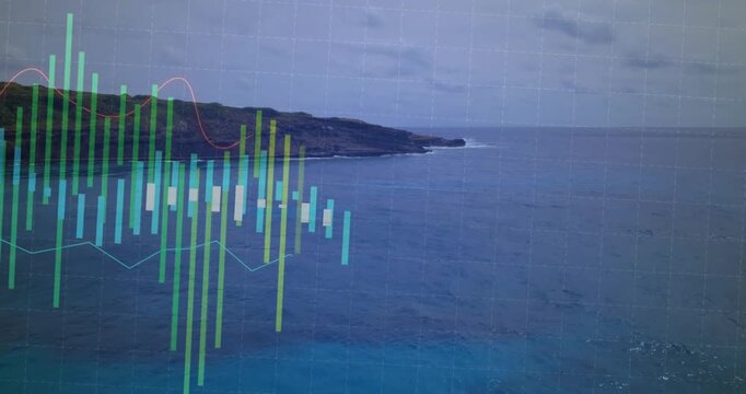 Translucent financial chart floating over rocky seascape showing colored bars and candlesticks