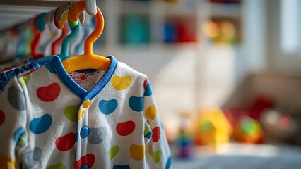 Colorful Baby Onesie Hanging on a Clothes Rack in a Playful Room