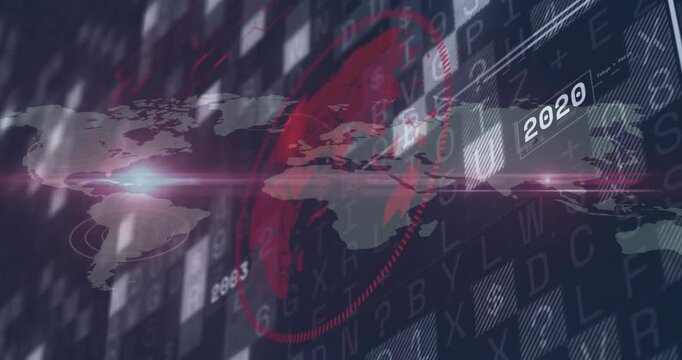 On launch map animating with red beam revealing year labels pulsing highlight illustrating timeline