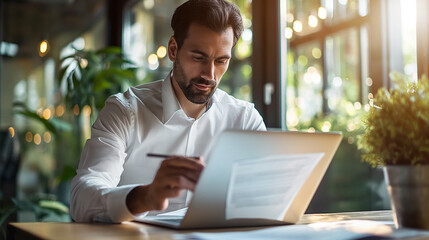 Businessman managing digital document workflow on laptop in modern corporate office environment
