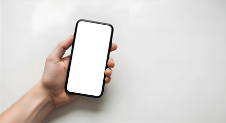 Modern Mobile in Hand: A close-up shot of a hand holding a sleek mobile phone with a blank screen, suggesting endless possibilities of connectivity, communication, and technological advancement.