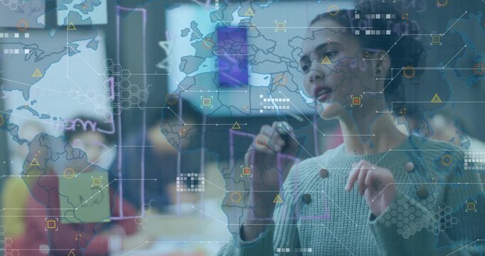 Businesswoman picking marker drawing bar chart on glass board data overlays animating for briefing