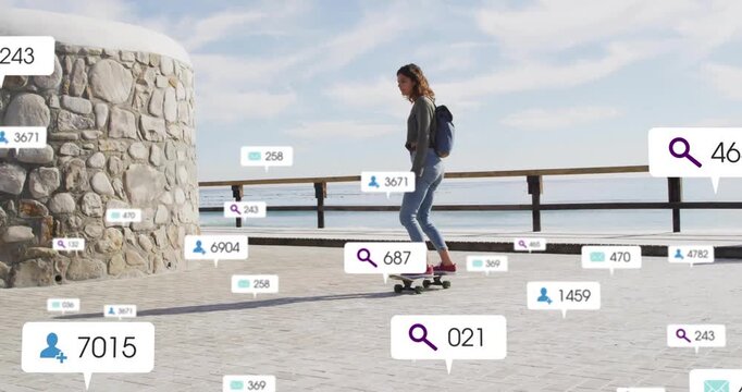 Female skateboarder pushing off ground, gliding promenade with animated marketing bubbles rising