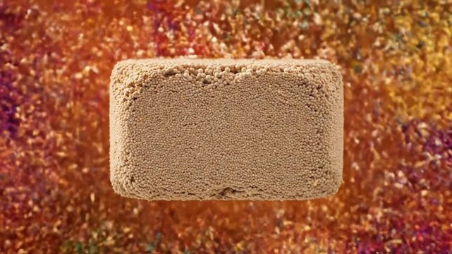 Colorful particles exploding into solid mycelium bio brick
