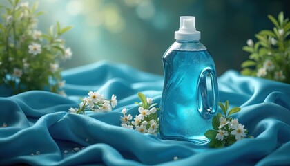 Fototapeta na wymiar Blue liquid laundry detergent bottle sits on folded silky fabric with small white flowers. Soft light and green plants create fresh ambiance for garment cleaning product.